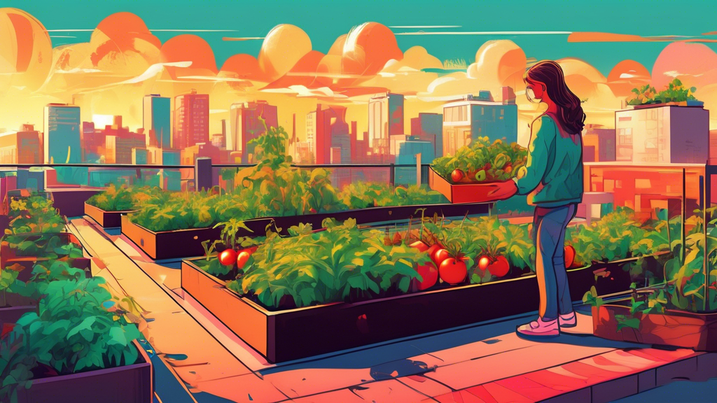 A bright and colorful urban garden on a rooftop with a person tending to tomatoes in a raised bed, cityscape background, sunny day.