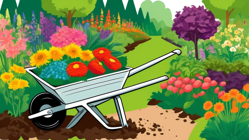 Lush green garden bursting with colorful flowers and ripe vegetables, with a wheelbarrow full of rich, organic compost in the foreground.