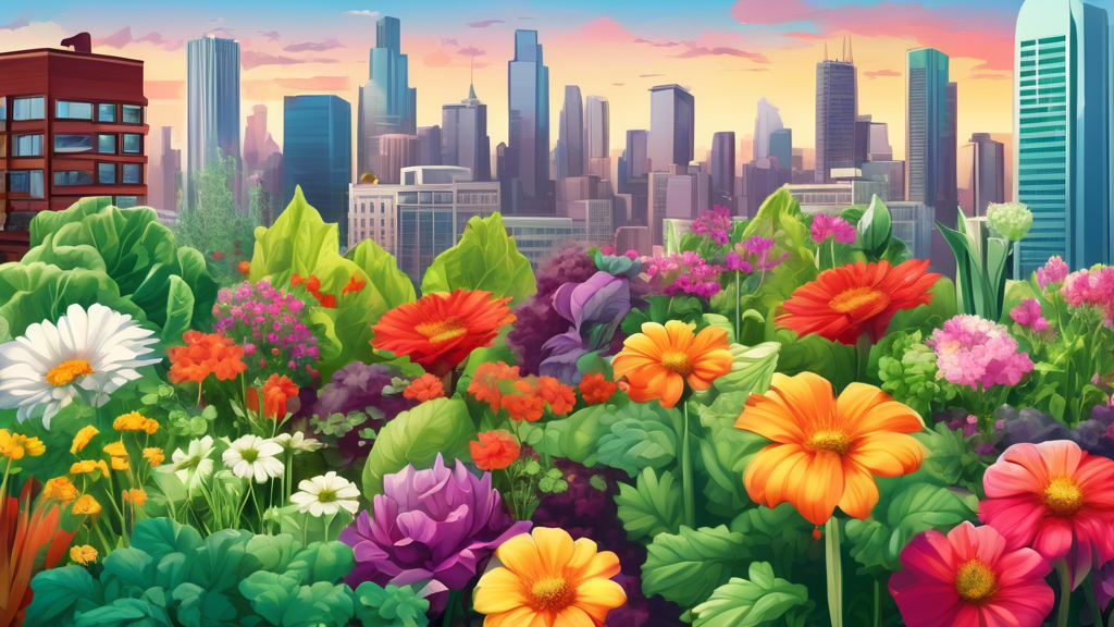 A lush urban rooftop garden bursting with colorful flowers, vegetables, and herbs, with city skyscrapers in the background.