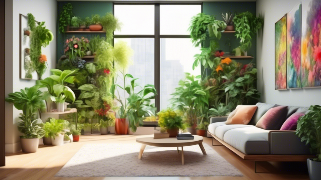 A lush indoor vertical garden with a variety of leafy green plants and colorful flowers, in a modern apartment with natural light.