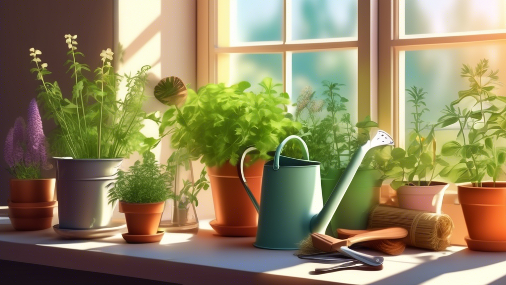 A lush windowsill herb garden with a variety of herbs bathed in sunlight, a watering can and gardening tools resting nearby.