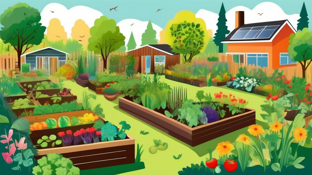 A lush and thriving home garden with diverse vegetables, fruits, herbs, and flowers growing in harmony using permaculture principles like raised beds, compost bins, and rainwater harvesting.