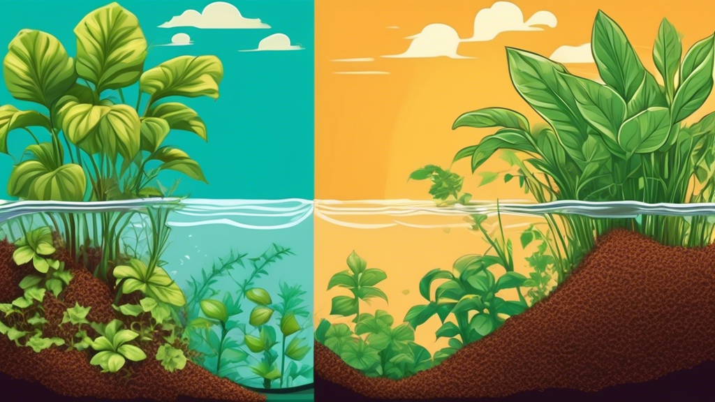 A split image comparing lush plants growing in water with hydroponic equipment versus vibrant plants growing in rich soil outdoors.