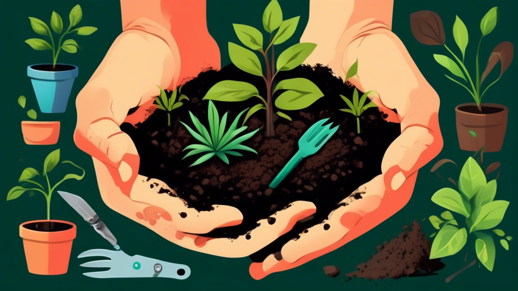 A pair of hands gently holding rich, dark soil with a young plant sprouting in the center, surrounded by lush green plants and gardening tools.