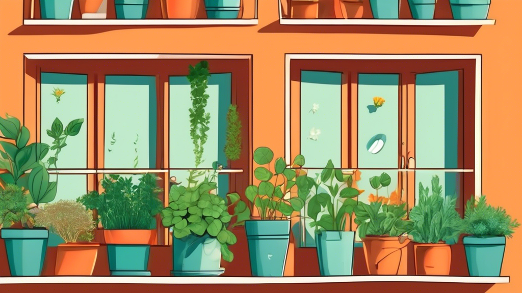 A lush vertical herb garden on a sunny apartment balcony, with terracotta pots, fresh herbs, and a watering can.