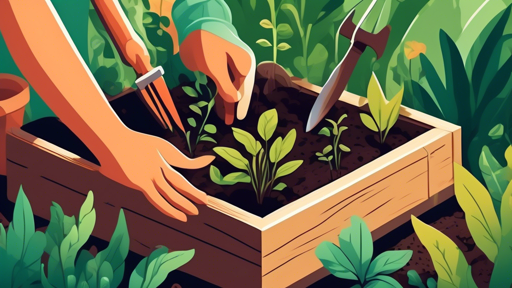 A pair of hands gently planting seedlings in a raised garden bed made of wood, surrounded by lush green plants and gardening tools.