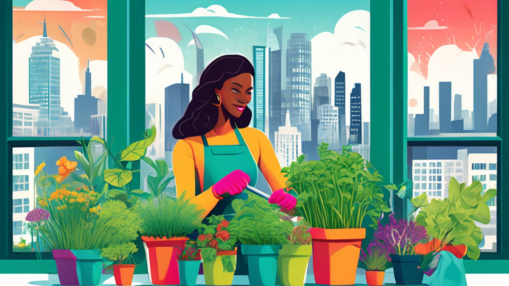 A woman with colorful gardening gloves holds fresh herbs in a vibrant window box overflowing with plants, set against a city skyline backdrop.