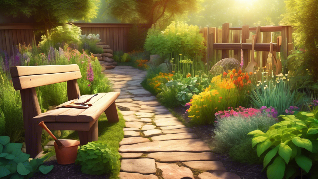 A lush herb garden with a stone path winding through it, bathed in warm sunlight, with gardening tools neatly arranged on a rustic wooden bench.