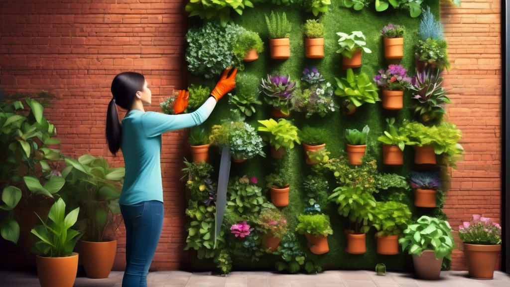 A lush vertical garden on a sunny brick wall, with a person tending to the plants in gardening gloves, watering can nearby, beginner's guide style instruction labels.