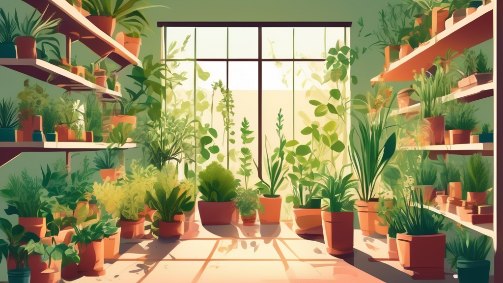 A lush indoor garden filled with a variety of potted herbs thriving on shelves bathed in sunlight.