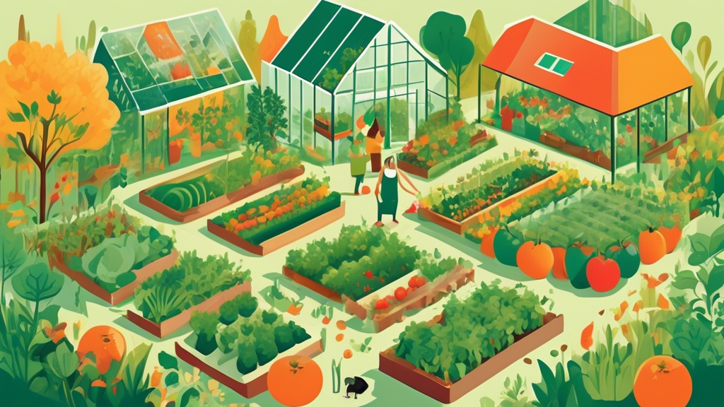 A lush green permaculture garden with raised beds, fruit trees, a greenhouse, and a smiling person harvesting vegetables.