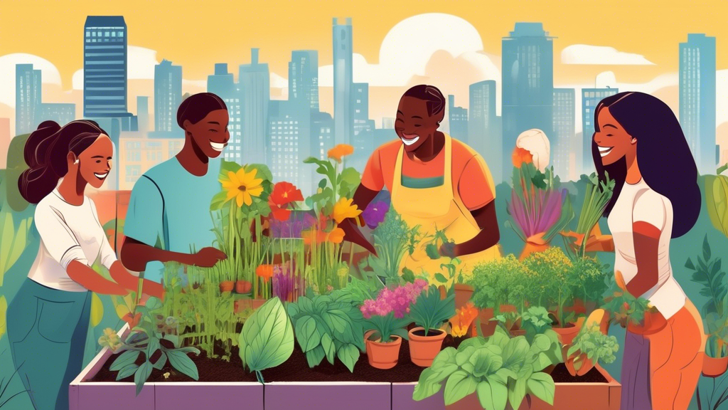 Diverse group of people smiling and tending to herbs, vegetables, and flowers in a raised garden bed with a cityscape in the background.