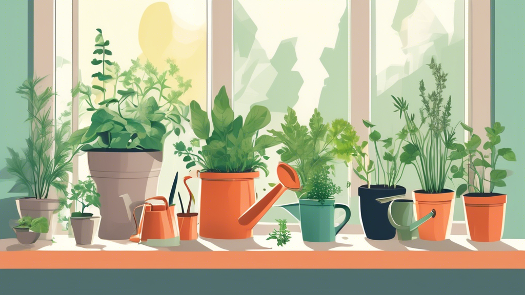 A lush indoor herb garden on a sunny windowsill, with a variety of herbs in pots, a watering can, and gardening tools.