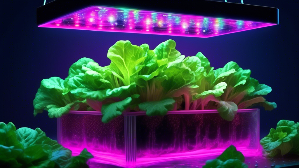 A lush indoor garden of vibrant green lettuce growing hydroponically under LED lights, with water droplets visible on the leaves.