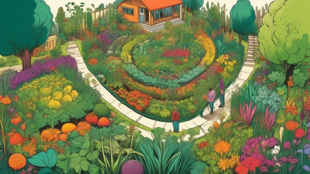 A lush, abundant garden with diverse plants, swales, and a person practicing no-dig gardening, illustrating permaculture principles.