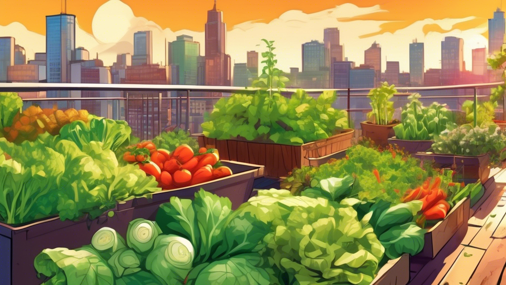 A lush, abundant urban rooftop garden bursting with fresh organic vegetables and herbs, bathed in warm sunlight with a city skyline in the background.