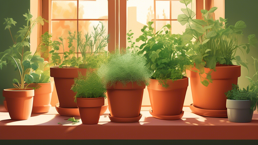 A lush home garden overflowing with fresh herbs in terracotta pots, bathed in warm sunlight with organic and sustainable subtly incorporated into the image.