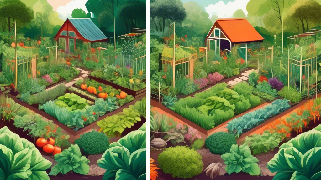 A split image contrasting a lush, diverse permaculture garden with a neatly organized traditional vegetable garden.