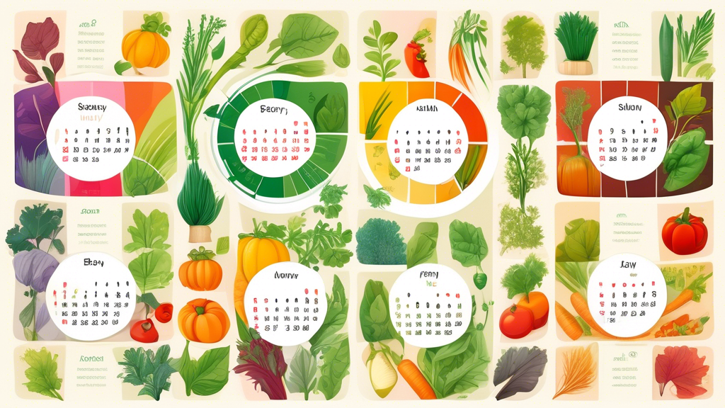 A calendar wheel with segments for each season, illustrated with lush plants and vegetables specific to each growing season.