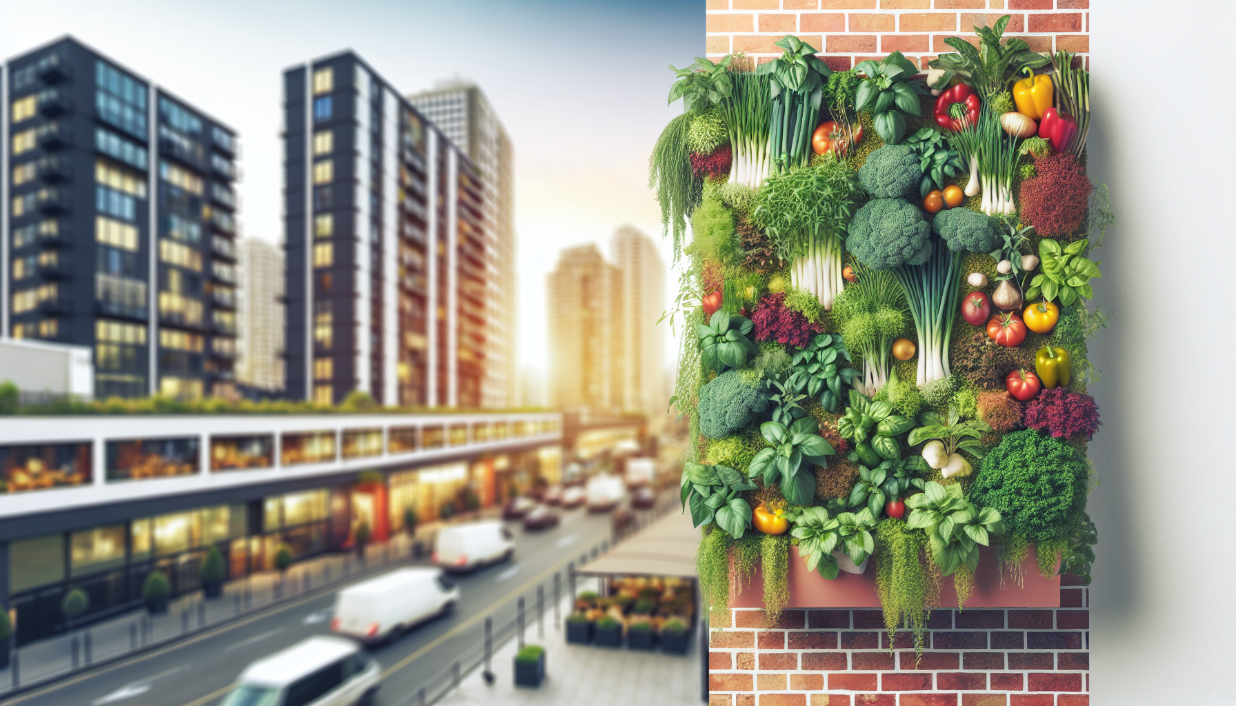 A lush vertical garden on a brick wall filled with herbs and vegetables, surrounded by apartment buildings and a cityscape in the background.