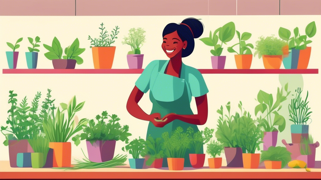 A person smiling while picking fresh herbs from a lush, vibrant herb garden in their kitchen, with a few herbs already bundled for cooking.