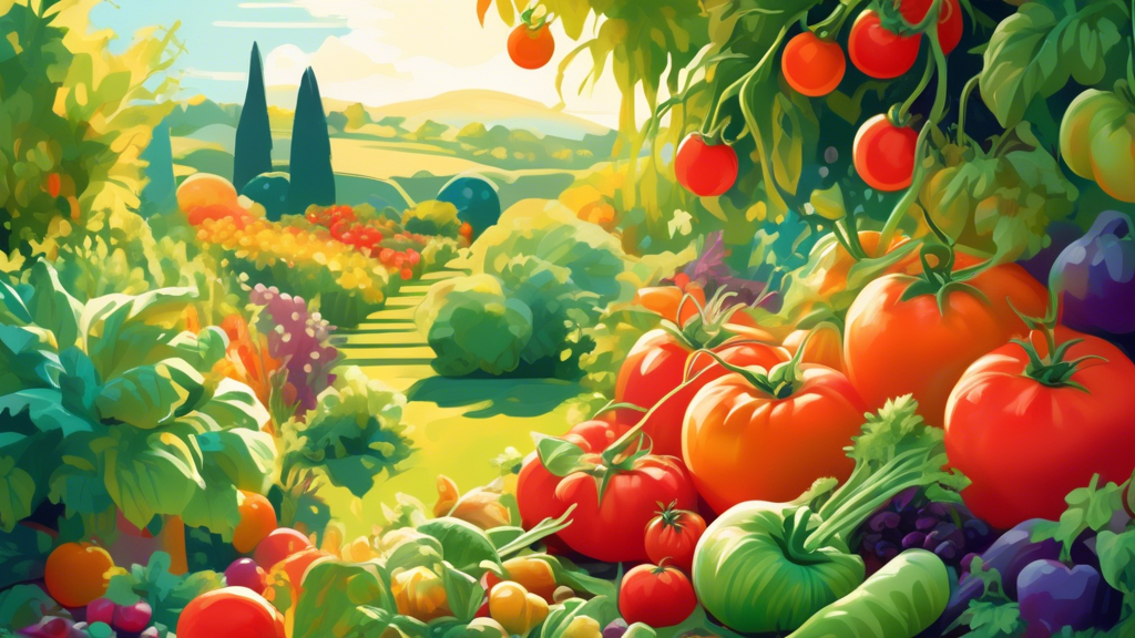 A vibrant garden overflowing with fresh, colorful vegetables, fruits, and herbs bathed in sunlight with a hand gently picking a ripe tomato. A lush, green landscape surrounds the garden.