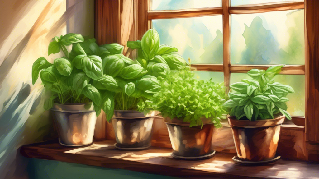 A rustic windowsill herb garden overflowing with lush green basil, rosemary, thyme, and oregano bathed in warm sunlight.