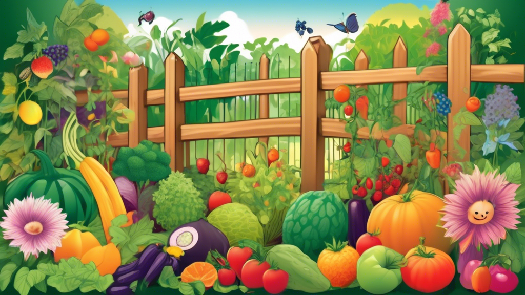 A lush garden bursting with diverse fruits, vegetables, and flowers, benefiting from companion planting and natural pest control methods, with a woven fence in the background.