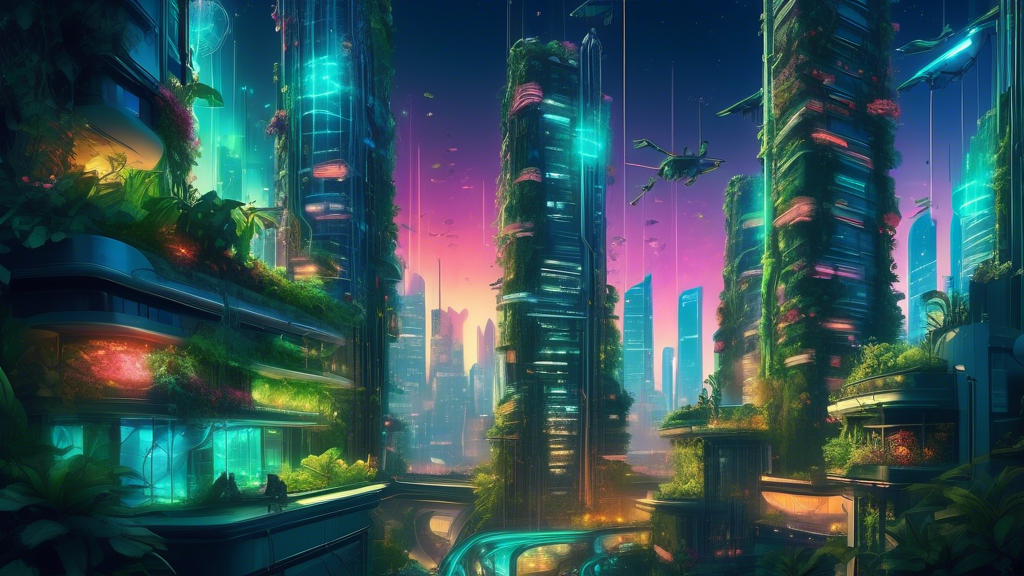 A futuristic cityscape with skyscrapers covered in lush vertical gardens, glowing with bioluminescent plants and drones watering them.