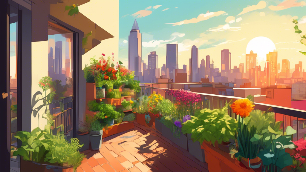 A lush apartment balcony overflowing with herbs, vegetables, and flowers, bathed in warm sunlight, with a city skyline in the background.