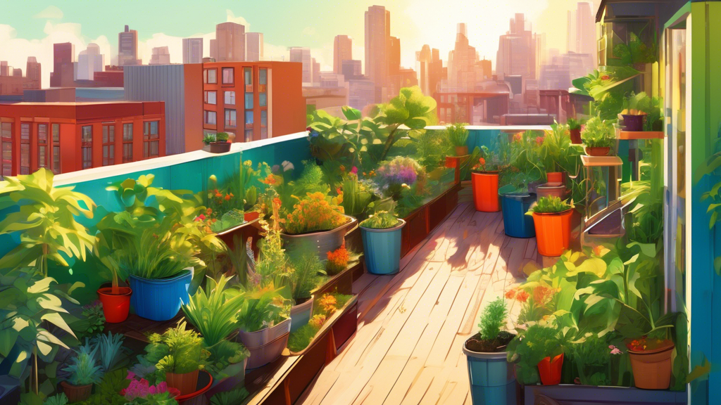 A lush rooftop garden in a bustling city, made with recycled materials and repurposed containers, bathed in warm sunlight.