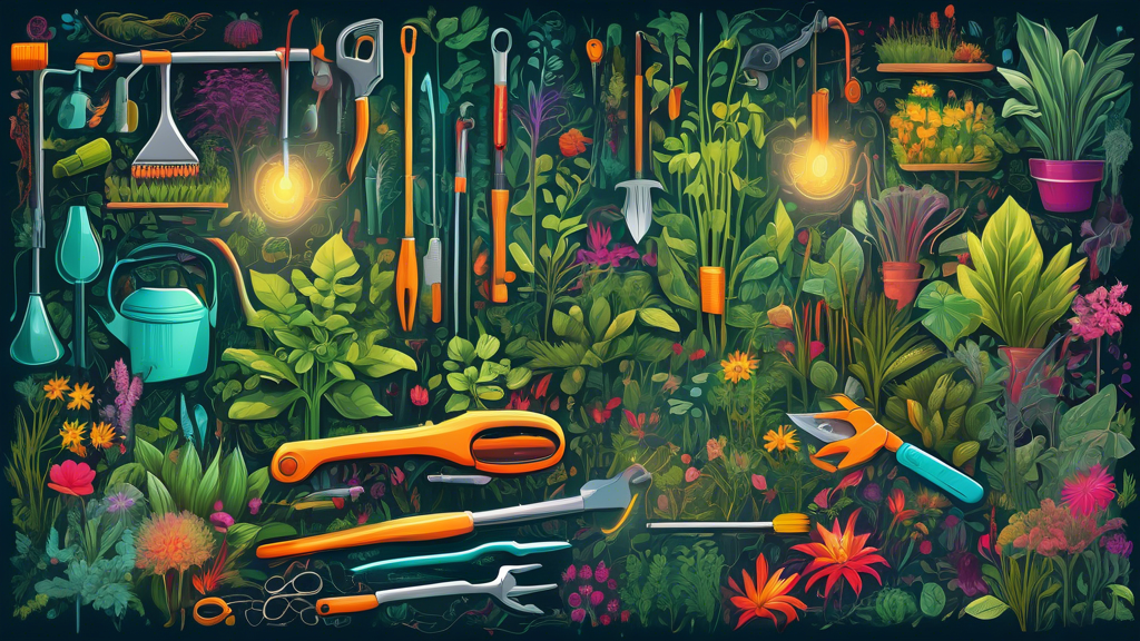 Intricate network of lush plants with labels showing symbiotic relationships, glowing hands tending to the garden with advanced tools in the background