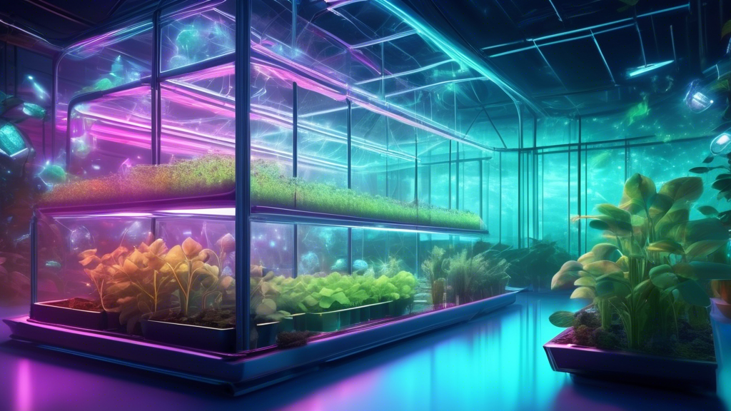 A futuristic greenhouse with glowing hydroponic systems, vibrant plants growing in mid-air, and a holographic interface displaying plant data.