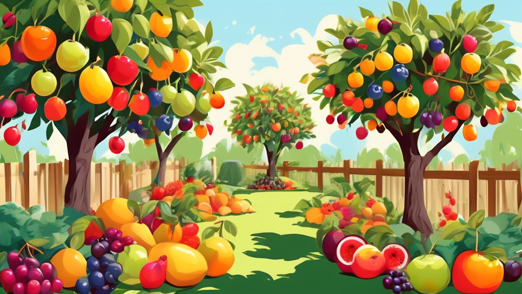 A diverse collection of fruit trees bursting with ripe, colorful fruits in a sunny backyard garden.