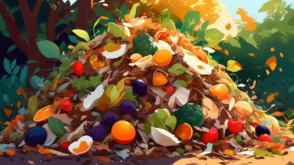 A lush compost pile overflowing with decomposing fruits, vegetables, eggshells, leaves, and grass clippings, bathed in warm sunlight.