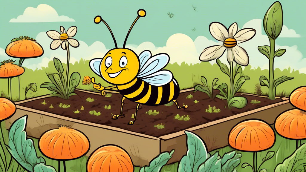 A friendly cartoon bee pointing to a garden bed with clearly labeled companion plants like carrots and onions growing together.