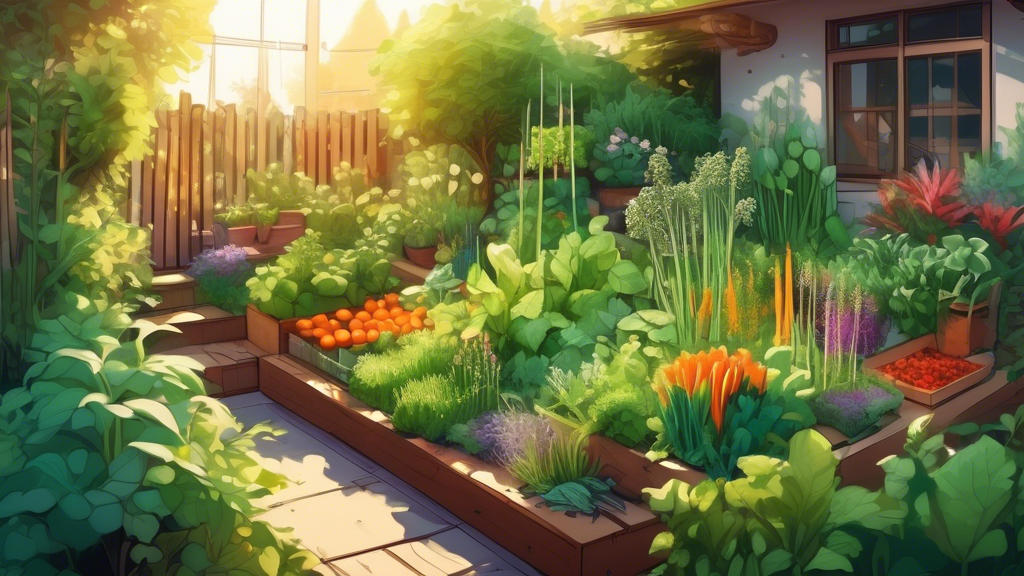 A lush small garden overflowing with herbs and vegetables planted closely together, bathed in warm sunlight.