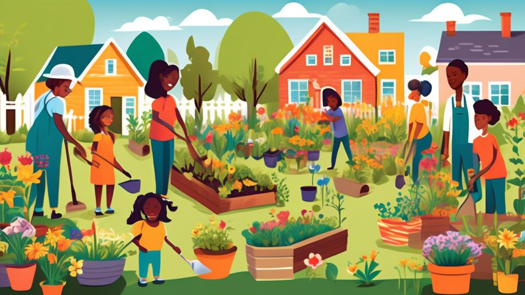 Create a vibrant community garden scene featuring diverse individuals of different ages and backgrounds working together, planting flowers and vegetables in a sunny urban backyard. Include colorful ga