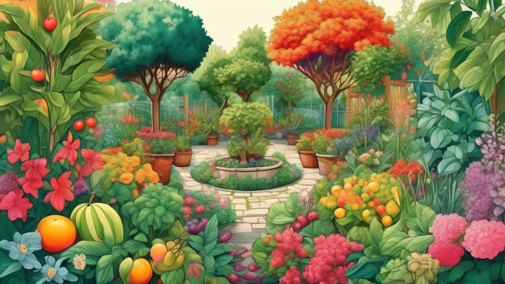 A lush garden with a fruit tree in the center surrounded by companion plants like flowers and herbs, all thriving together in harmony.