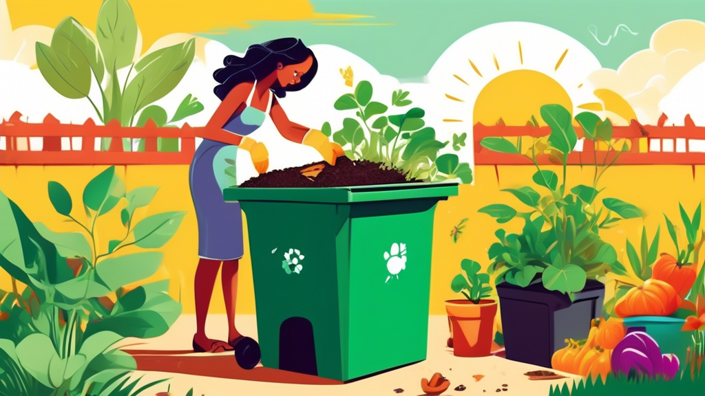 A cheerful person adding kitchen scraps to a colorful compost bin in their backyard, with lush green plants and a sunny sky in the background.