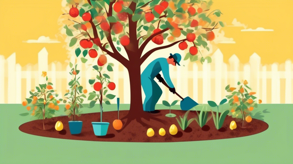 A person with gardening gloves gently planting a small fruit tree in a sunny garden, with tools and a watering can nearby.