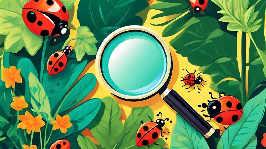 A lush garden with a variety of plants growing in close proximity, ladybugs crawling on leaves, and a magnifying glass inspecting a healthy plant.