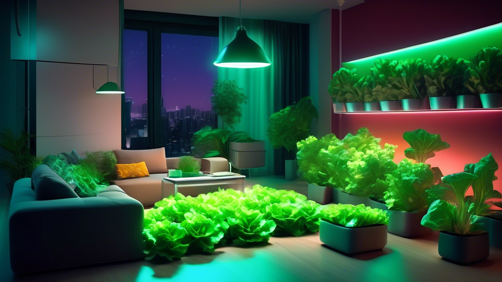 A lush indoor garden with vibrant green lettuce growing hydroponically under LED lights in a modern apartment living room.