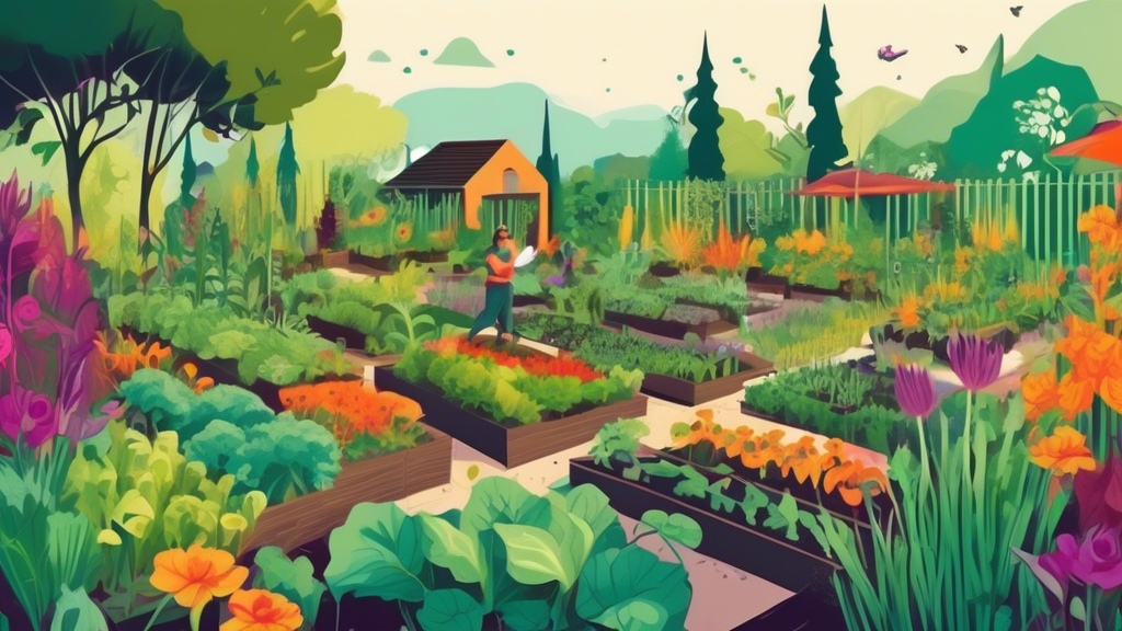 A lush permaculture garden with a diversity of vegetables, flowers, and herbs, with a person tending the garden using a no-dig method.