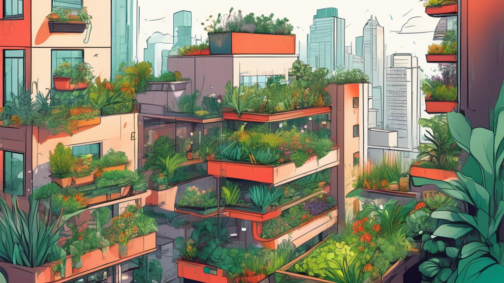 Lush rooftop garden in a bustling city with vertical planters, rainwater harvesting system, and diverse edible plants.