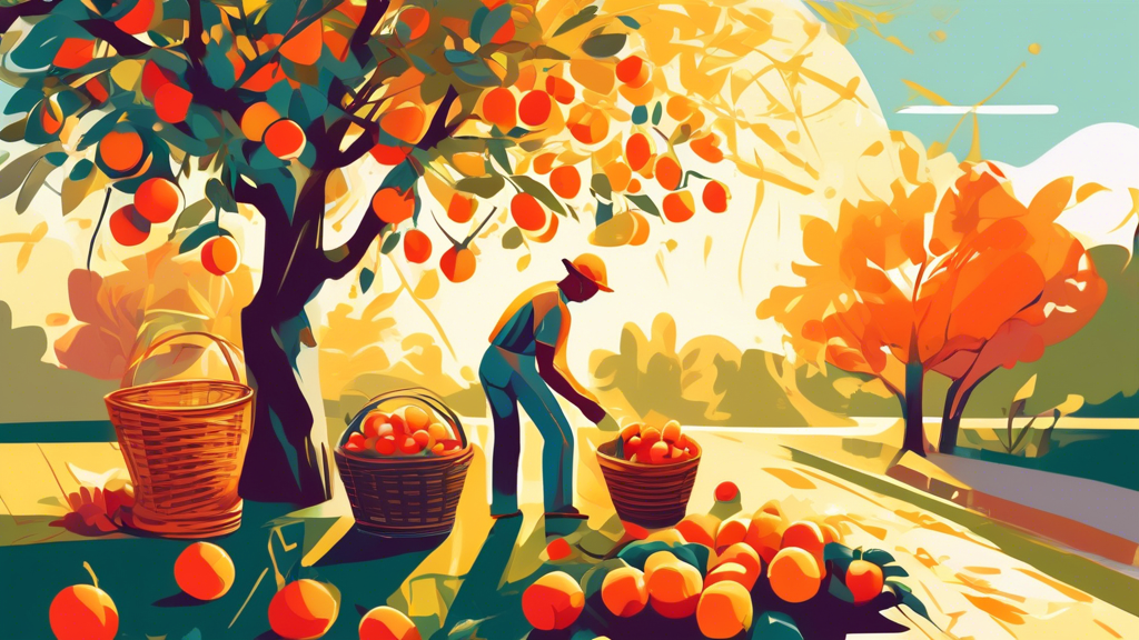 A gardener carefully pruning branches of a fruit tree bathed in sunlight, with a basket of ripe fruit at the base.