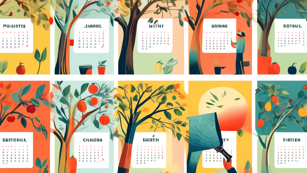 A calendar with each month illustrated by a hand tending to a fruit tree in a different way (pruning, watering, harvesting, etc.)