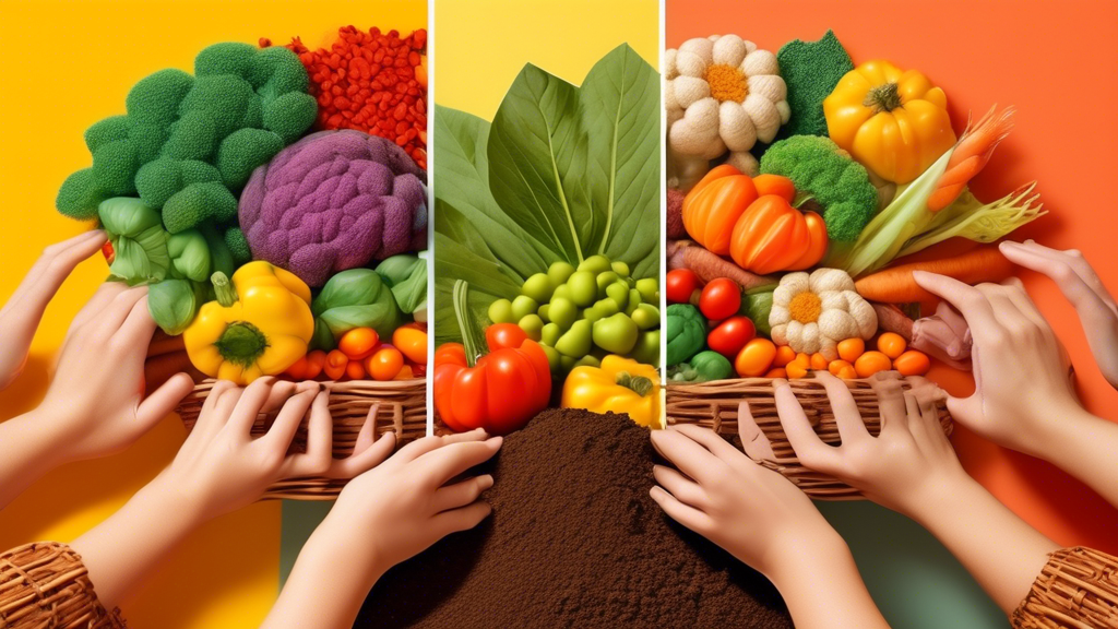 A split image showing a hand planting seeds in the soil during spring, juxtaposed with a bountiful autumn harvest of vegetables arranged in a wicker basket.