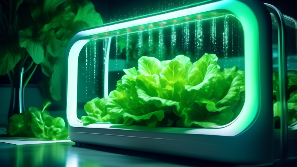 A lush indoor garden with vibrant green lettuce growing from a futuristic white hydroponic system, illuminated by glowing LED lights and a window with sunlight beaming through. Water droplets cling t