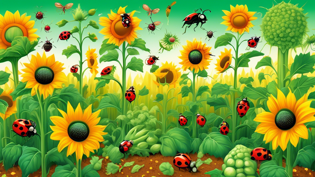 A lush garden with ladybug-covered sunflowers towering over rows of green vegetables, with other insects flying around.